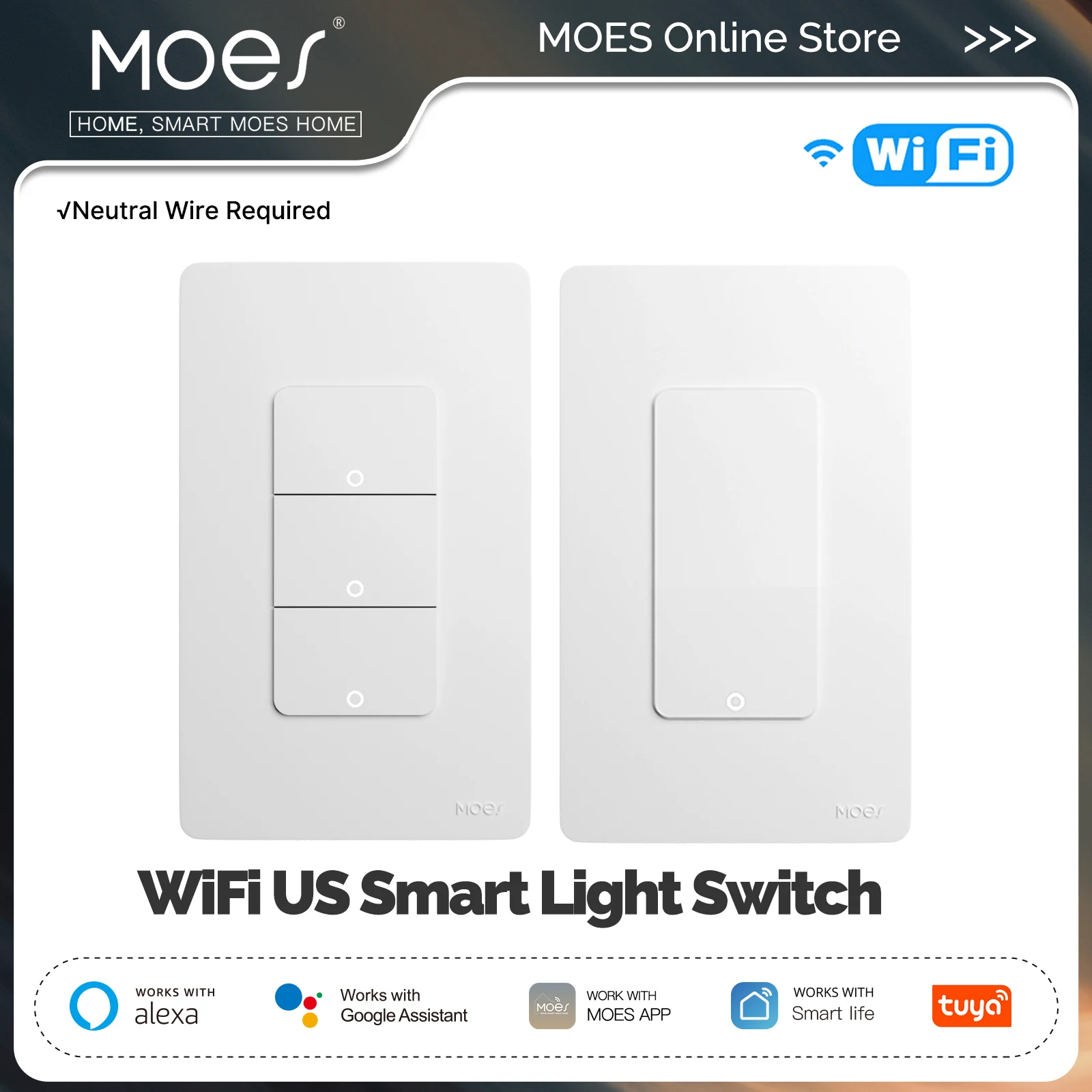 MOES Tuya Wi-Fi スマートライトスイッチ US 単極プッシュボタン壁スイッチ Alexa Google Home と連携 中性線が必要