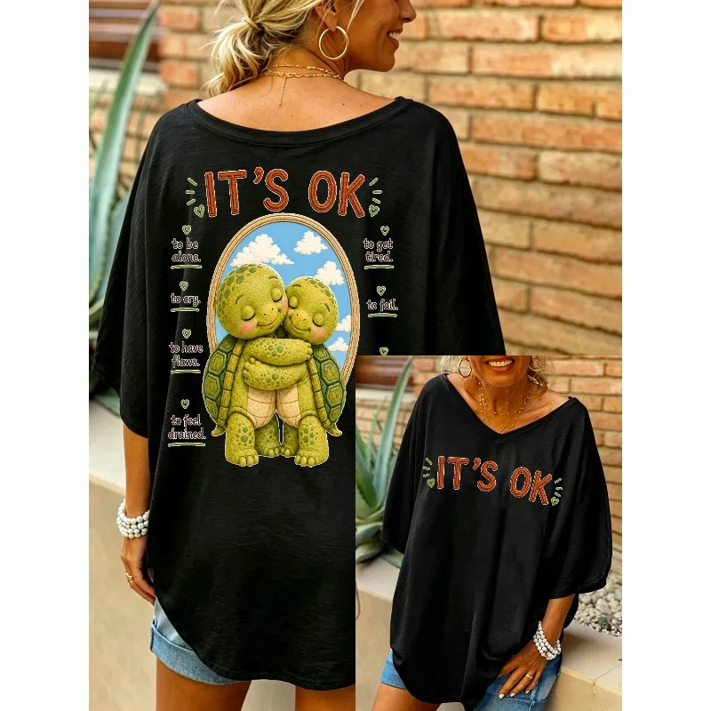 ilstile Women'sMental Health Turtle Print T-Shirts Summer Short Sleeve Casual Loose V Neck Long Tops White Black NEW