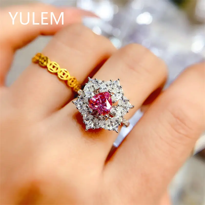 YULEM  100% True Pink Heart Moissanite Rings 1ct with Certificate Ring Women Jewelry S925 Silver