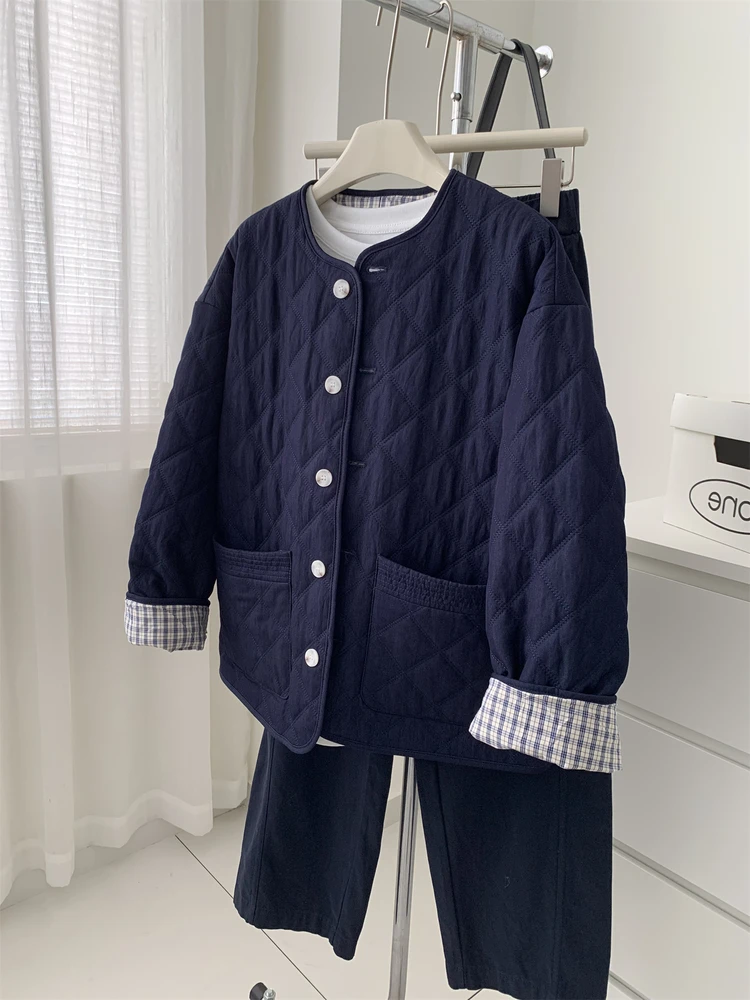 

Модная ретро-куртка из легкого хлопка с геометрическим узором, женская, осенне-зимняя, свободного кроя, с круглым вырезом, теплая, пушистая, на подкладке, повседневная