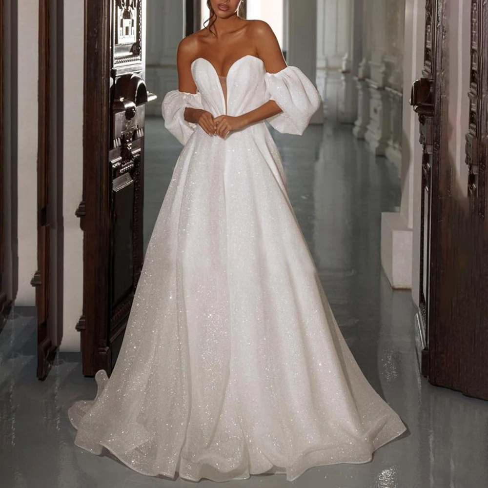 

Boho Off Shoulder Sequins Shiny A-line Wedding Dress Detachable Sleeve Backless Floor Length Bridal Dress with Train Custom Made
