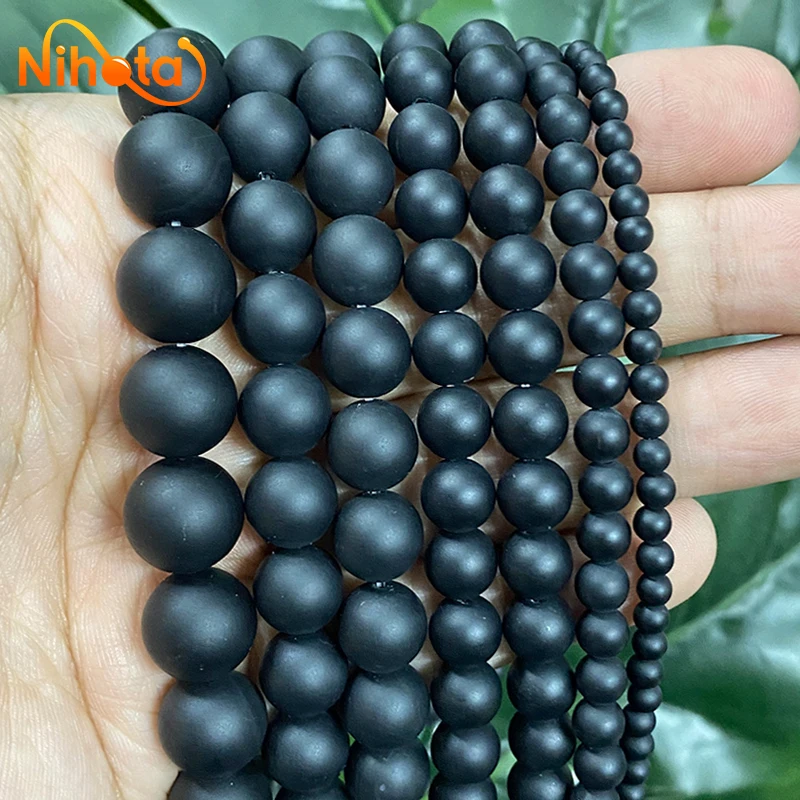 4/6/8/10/12/14mm Natural Stone Frosted Matte Black Agates Round Beads for Jewelry Making DIY Bracelets Handmade Earrings 15\'\'