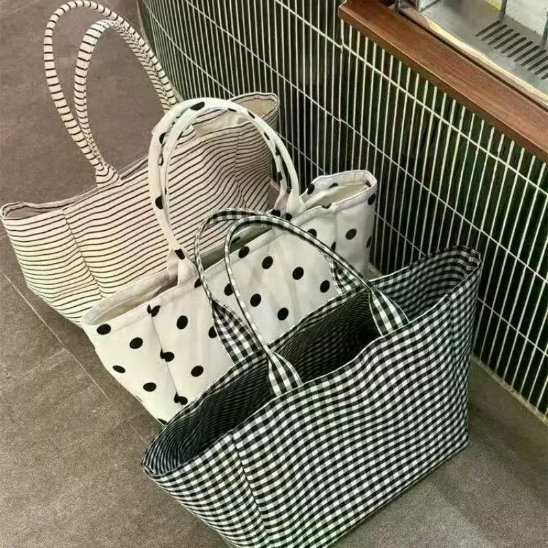 Canvas Tote Bag For Women Large Capacity Striped Plaid Polka Dot Shoulder Bag Reusable Shopping Handbag For Work Travel Beach