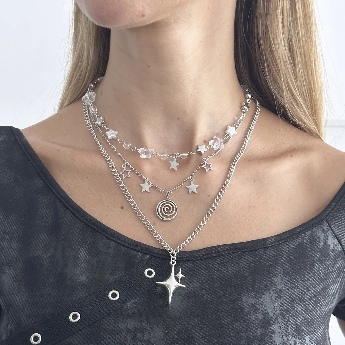 Necklace Star Cross Pendant Wrapped Layered Faux Pearl Beads with Sturdy Silver Adjustable Chain for Women Office Daily Classic