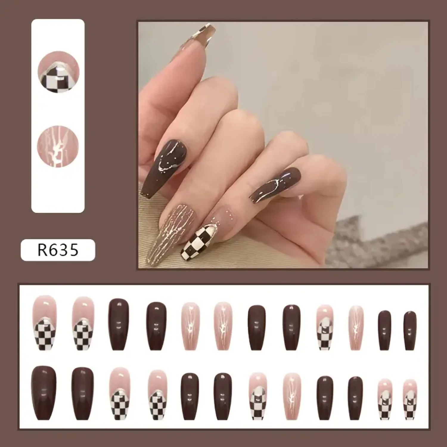 

French Chocolate Color Checkerboard False Nails, 24Pcs Box Press On Manicure Tips Glue Brilliant Lasting Wear