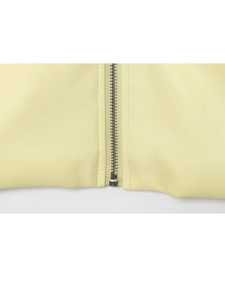 HH Vrouwelijke 2025 Herfst Nieuwe Mode Vintage Gele Revers Rits Lange Mouw Jas Vrouwelijke High Street Causale PU Leren Jas