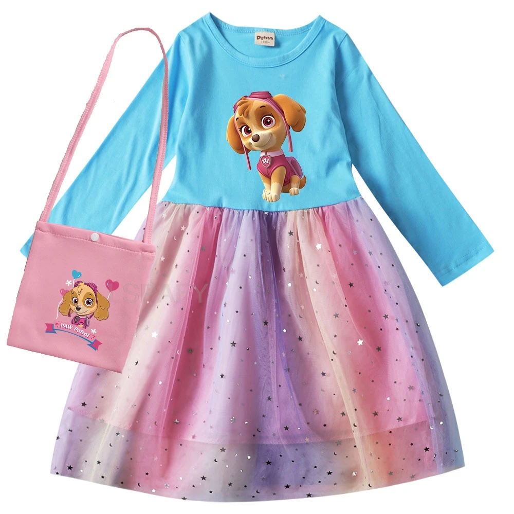 PAW PATROL Princess Dress Girls Dress Skye Cartoon Kids Dress Long-sleeved For Children\'s Party Clothes Cotton Dress 1-8Y