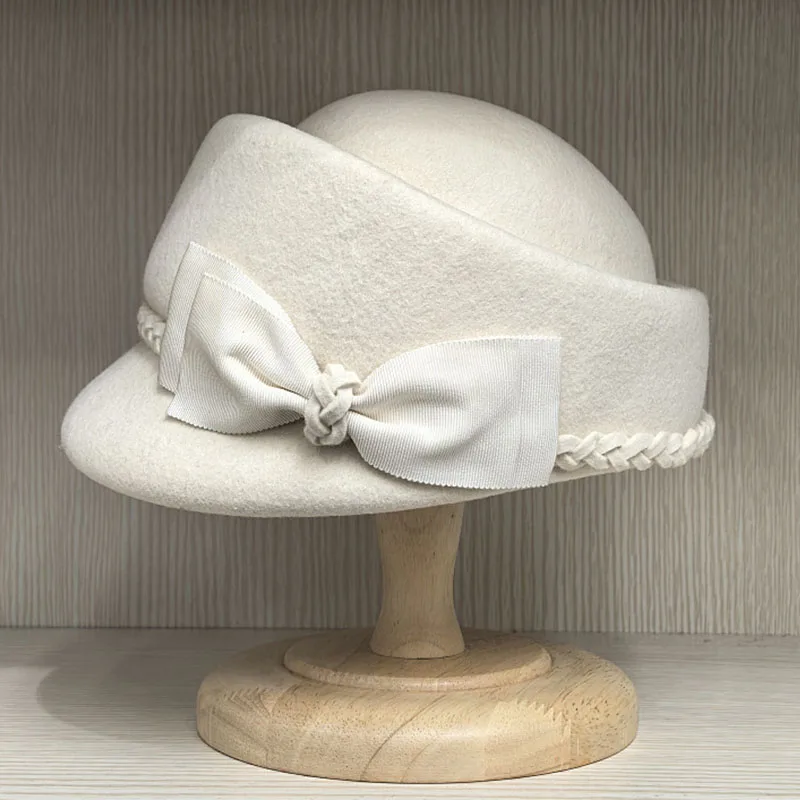 Boinas de fieltro de lana elegantes para mujer, sombreros Fedora, sombrero de pastillero, sombrero fascinador de lazo para mujer, sombrero Derby para ceremonia de boda, sombrero de Iglesia, Invierno