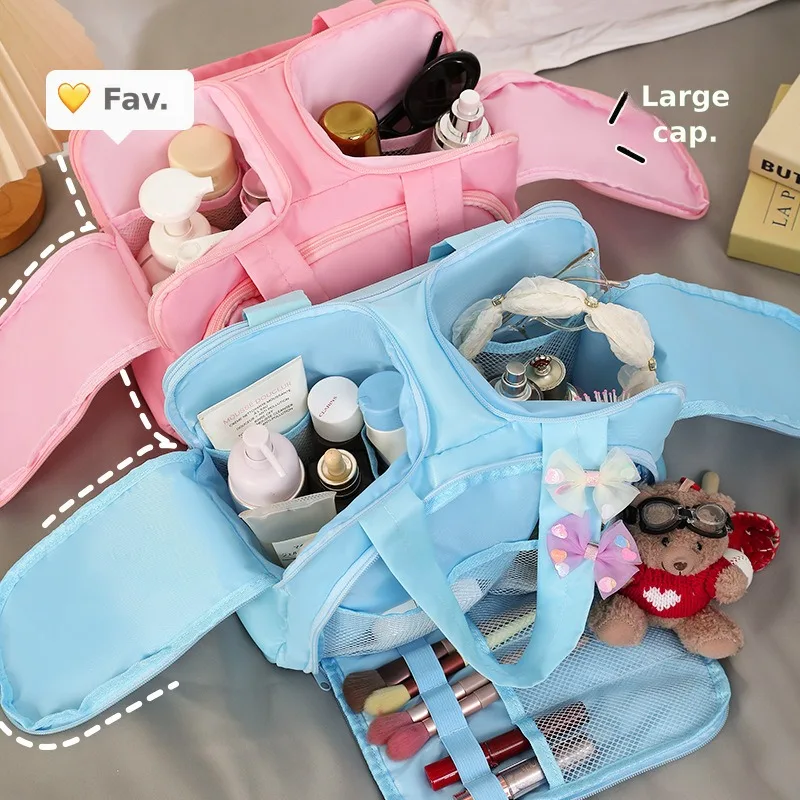 Large Capacity Fluffy Makeup Bag, Dual Wide Opening Portable Cosmetic Storage Pouch, Soft Travel Toiletry Organizer for Skincare