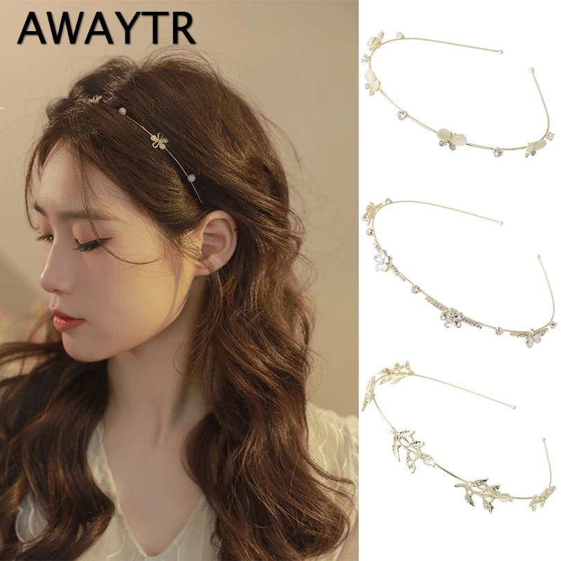 AWAYTR Shiny Rhinestone Flower Bow/Butterfly Hairband Metal Gold Silver Headband Hair Hoop Bezel Women Elegant Pearl Hair Bands