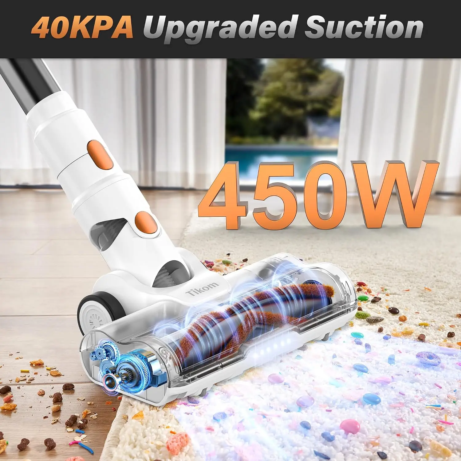 Home Cordless Stick Vacuum Cleaner 40000Pa 450W LED Touch Screen Charging Wall Dock Anti Tangle Lightweight Handheld Pet Hair Ha