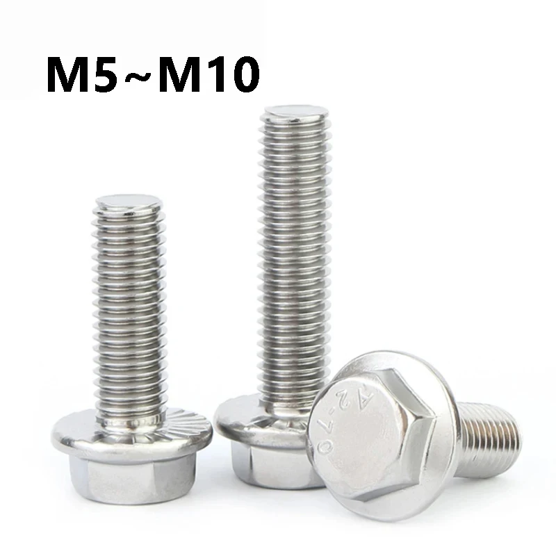 1~10Pcs 304 Stainless Steel Hex Flange Bolt M5 M6 M8 M10 Serrated Flange Washer Head Hexagon Screw Bolts