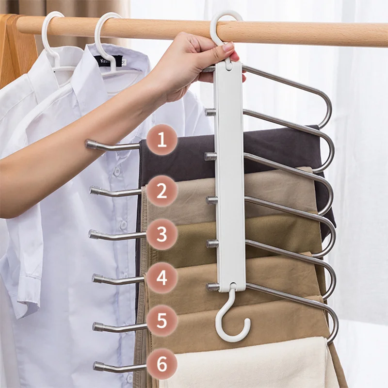 Multi-function Magic Pants Hangers,Rotatable Folding Stainless Steel Scarf Trouser Hanger,Non-Slip 6 in 1 Rack for Home Dorm