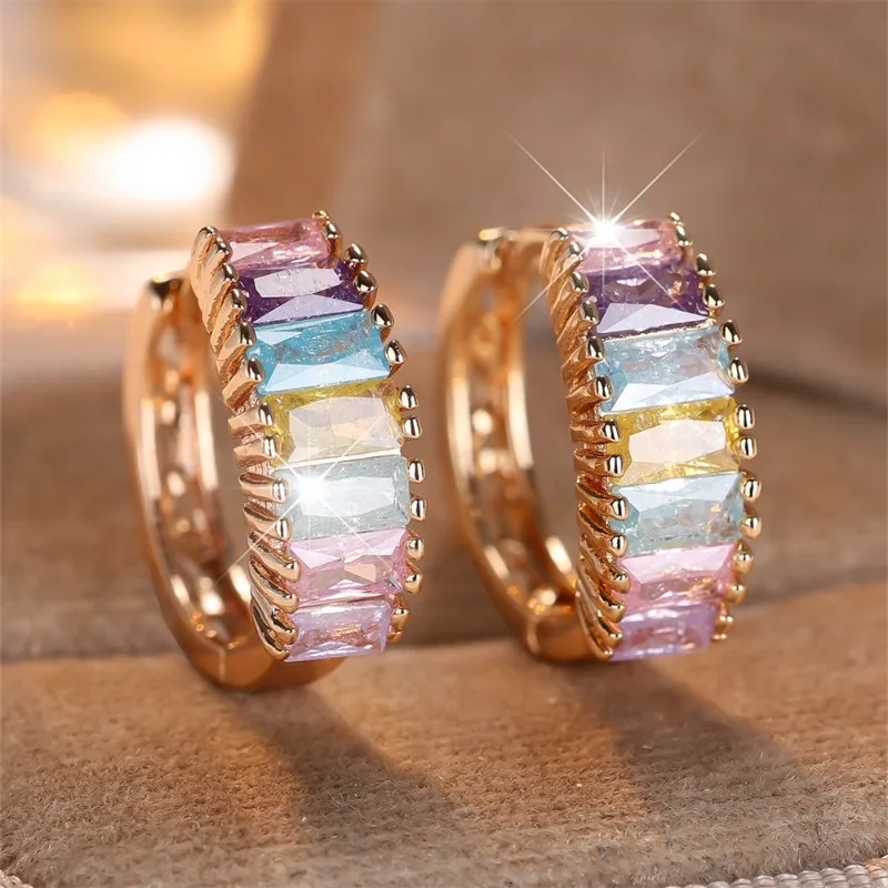 Multicolor Ice Flower Cubic Zirconia Square Stone Hoop Earrings for Women Vintage Golden Color Ear Buckle Wedding Jewelry Gifts