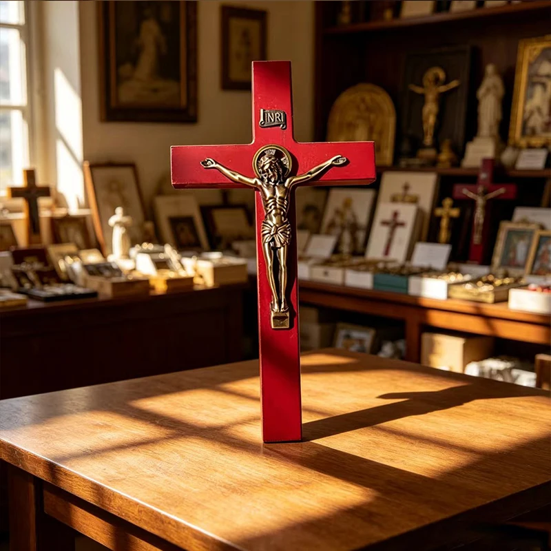 Red Wooden Wall Hanging Crucifix with Vintage Bronze Jesus & INRI for Catholic Christian Church Home