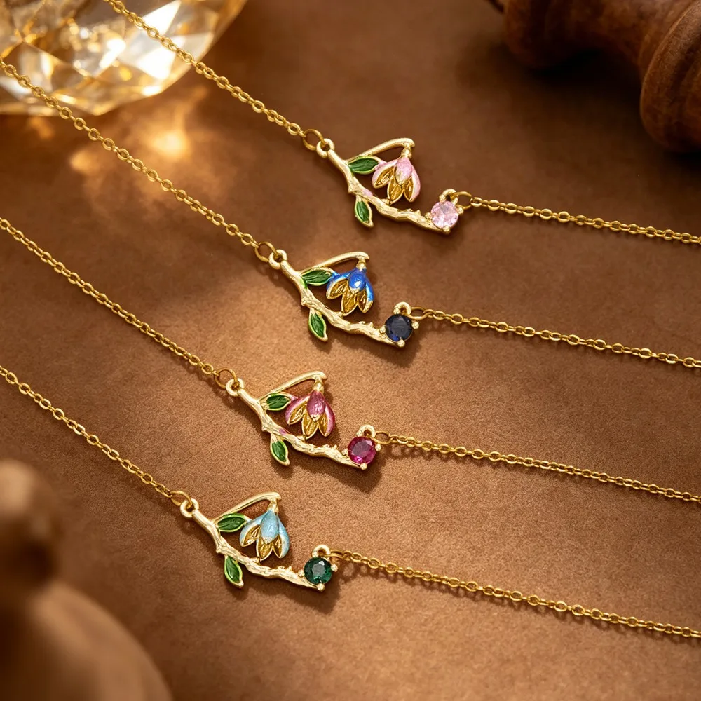 Exquisite Retro Stainless Steel Enamel Phalaenopsis Branch Flower Zircon Pendant Necklace for Women Floral Jewelry Does Not Fade
