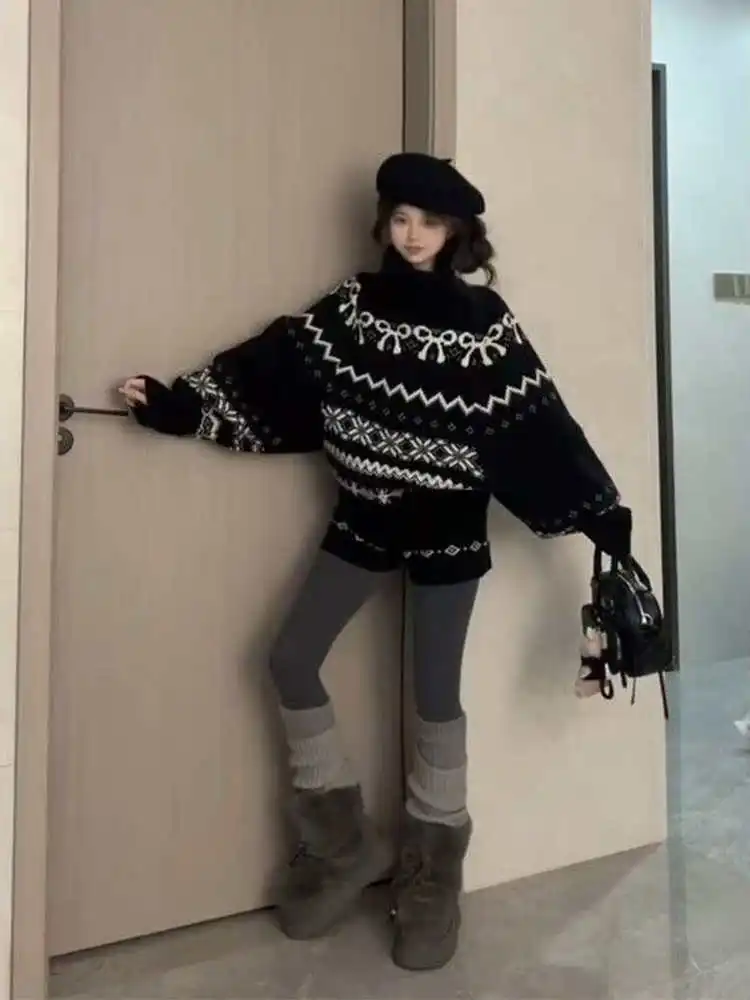 

Вязаный свитер с высоким воротником и узлом, женский модный комплект, зимний комплект Aosphere Bla, брюки с цветочным узором, костюм из двух предметов