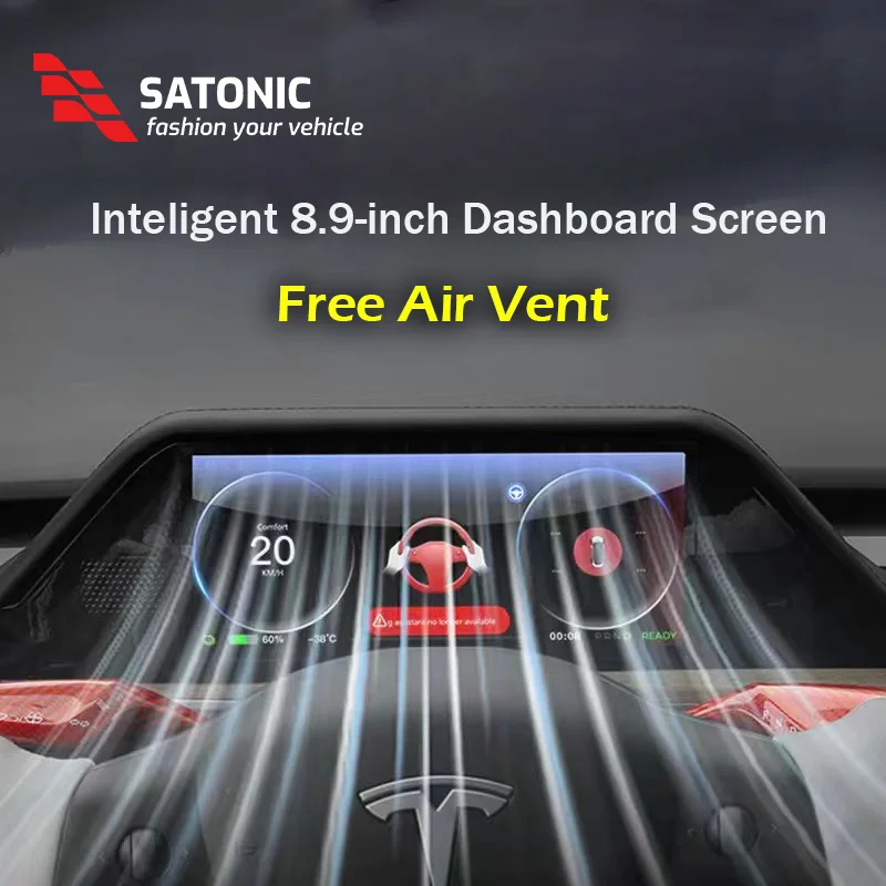 SATONIC 8.9 Inch Dashboard Screen For Tesla Model 3 Y Highland 3 Support Wireless Carplay Andriod Auto Quick buttons Free Air