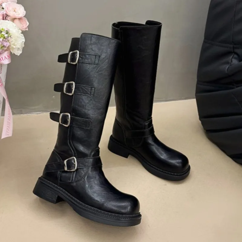 Fashion Buckle Mid Heels Women Long Boots 2025 Designer Elegant Dress Pumps Shoes Winter New Trends Chunky Knee Boots De Mujer