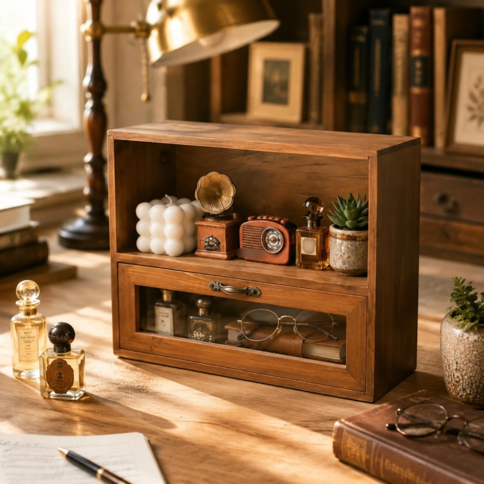 

Wood Desktop Organizer Vintage Design Countertop Organizer Wooden Storage Cabinet Multi-Purpose Desk Storage Box