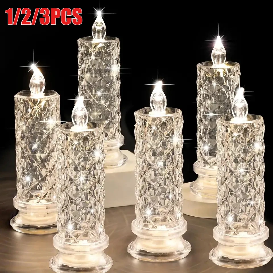 Wedding Party Birthday Xmas Halloween Decor Crystal Candles LED Light Transparent Flameless Battery Power Lantern Night Lamp
