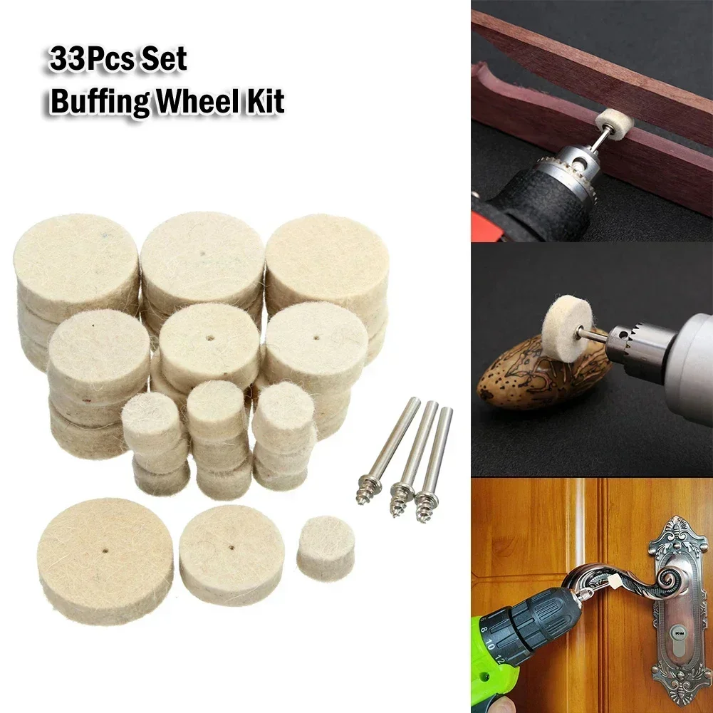 33pcs Wool Felt Polishing Buffing Round Wheel Grinding Pad Shank For Rotary Tool Accessories Polishing Buffing Wheel