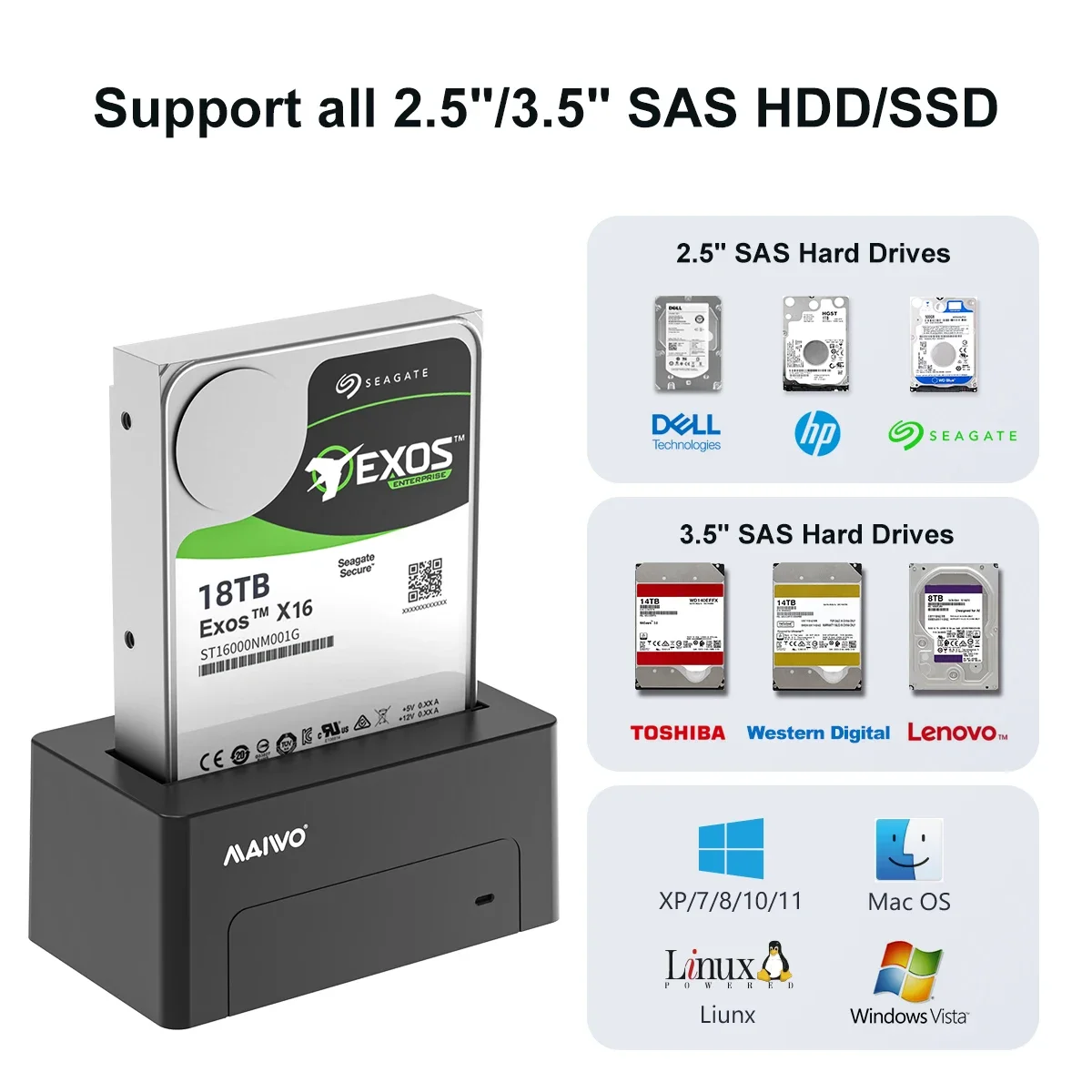 Imagem -02 - Maiwo 2.5 3.5 Polegadas Sas Estação de Encaixe de Disco Rígido 5gbps com Uasp 22tb Capacidade Sata para Usb 3.0 Adaptador Gabinete Leitor para pc