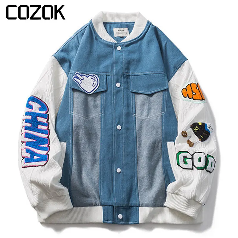 

American Vintage Baseball Jacket Men Streetwear Casual Cotton Patchwork Flocking Sports Jacket Autumn Couple Loose Bomber Coat