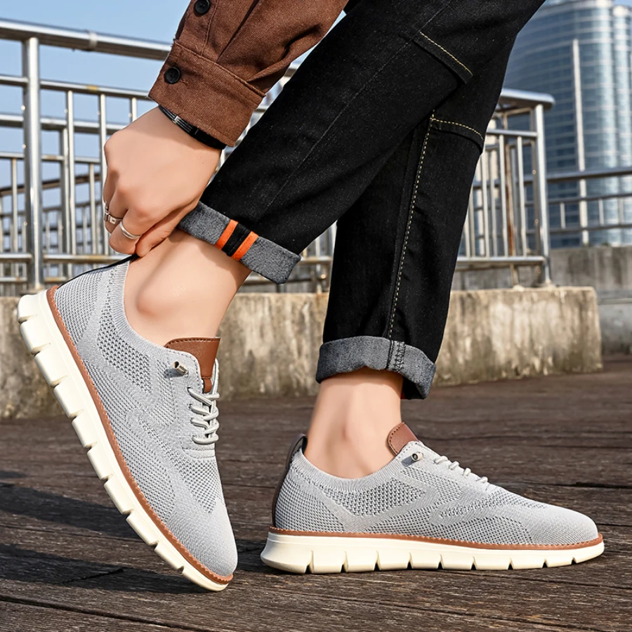 Fashion Gray Men\'s Summer Sneakers Knit Breathable Lace-up Lightweight Casual Shoes For Men Comfortable Urban Men Flat Sneakers