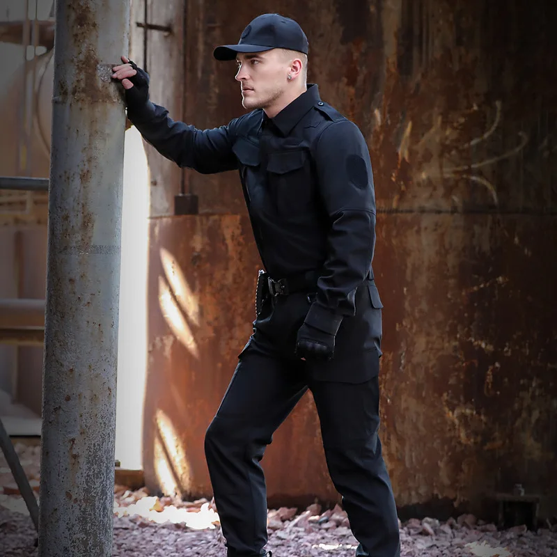 Black Blue Men\'s Clothing Security Guard Tactical Police Quick Dry Uniform Cargo Airsoft Training Long Sleeve Shirt  Pants Sets