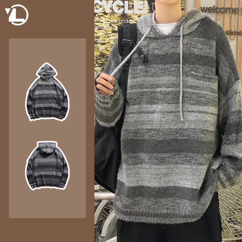 

Harajuku Mens Hooded Knitwear Retro Stripes Halo Dyeing Color Blocking Sweater Male Casual Loose Drawstring Unisex Pullover