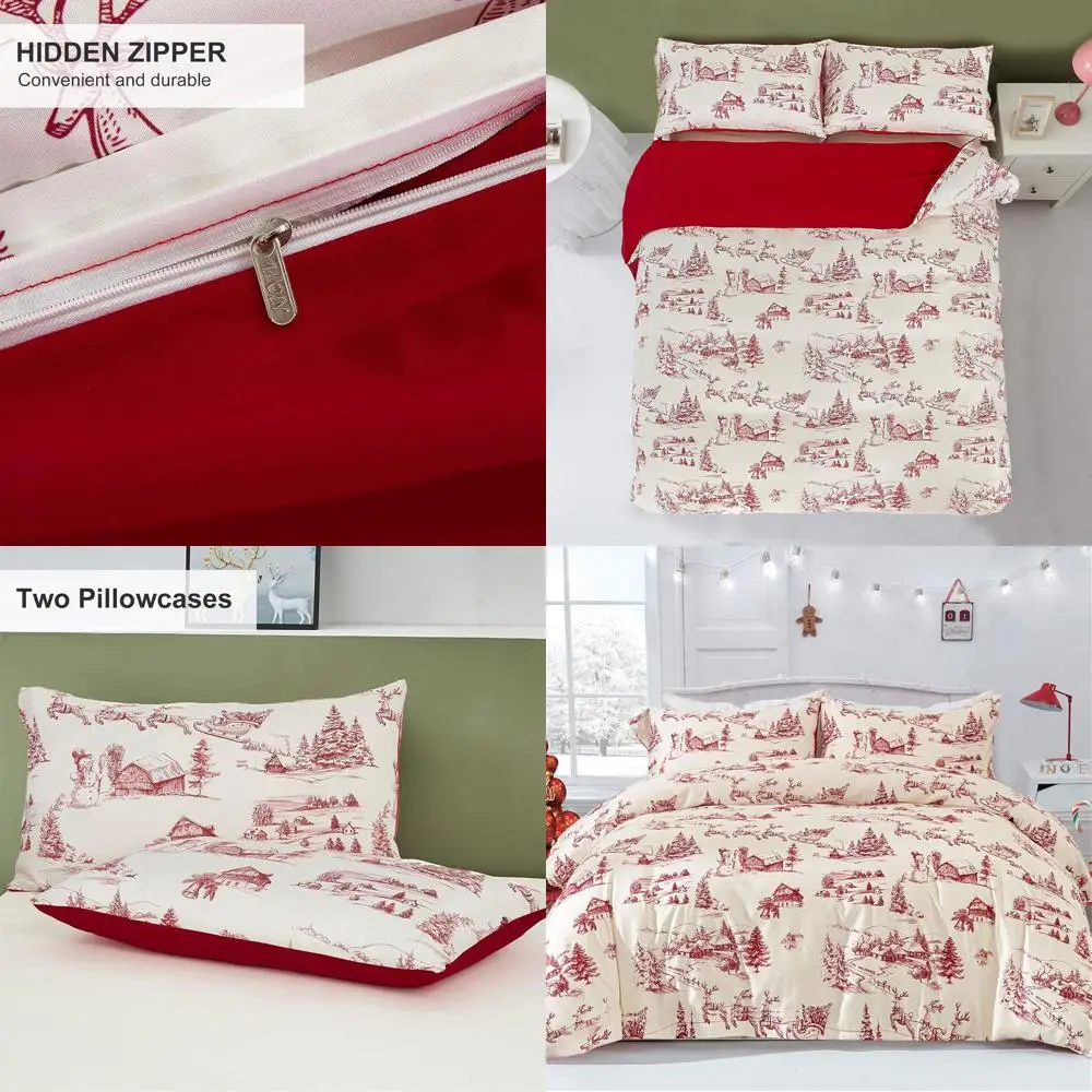 

King Size Cream & Pink Christmas Deer & Snowman Village Duvet Cover Set with 2 Pillowcases, Soft Microfiber, Zippered Closure