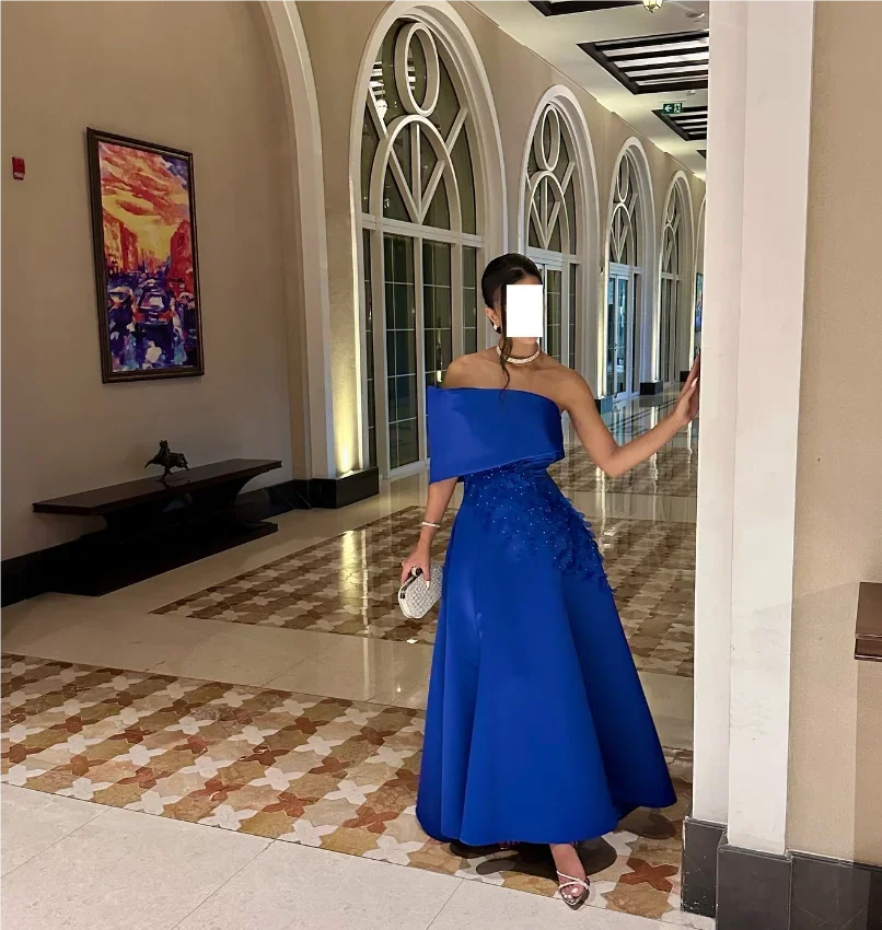 Customized Ankle Length Grace Beaded Blue Vestidos De Fiesta Wedding Dress Plus Size Long Dress Robe De Soirée Vert فساتين ال