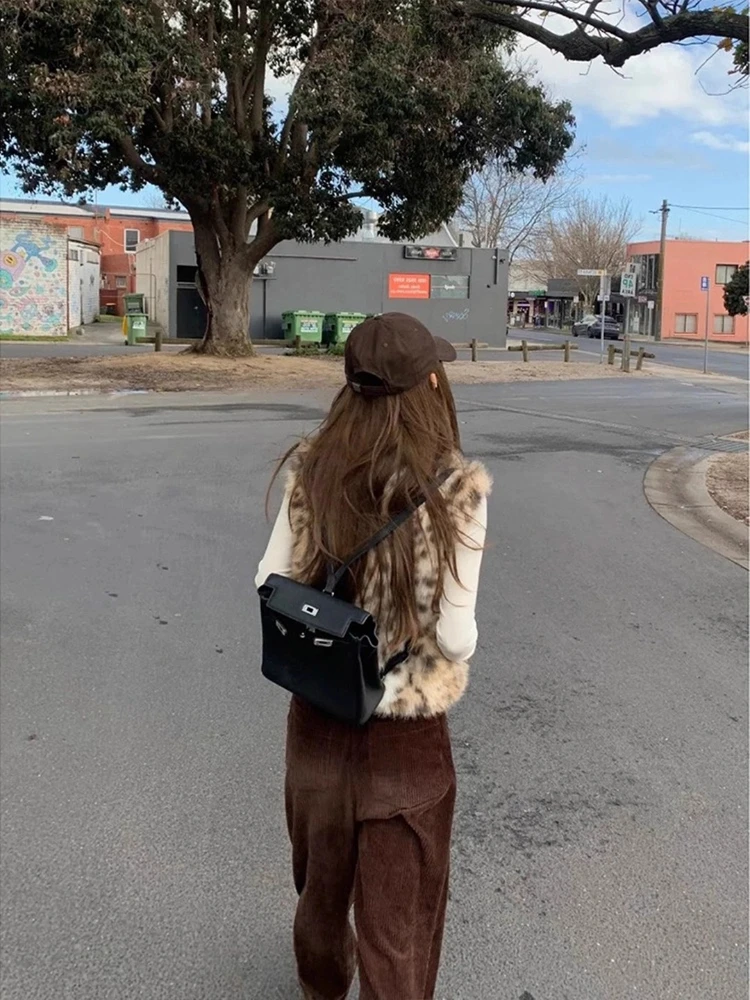 Vintage gradiente leopardo colete de pele do falso feminino gola eco-pele colete outono inverno rua legal zip-front jaqueta