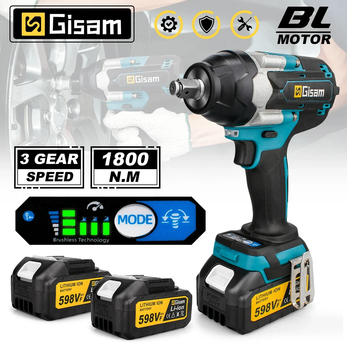 

1800N.M Torque Brushless Electric Impact Wrench 1/2 inch Lithium-Ion Battery Cordless Wrench Power Tools For Makita 18V Battery