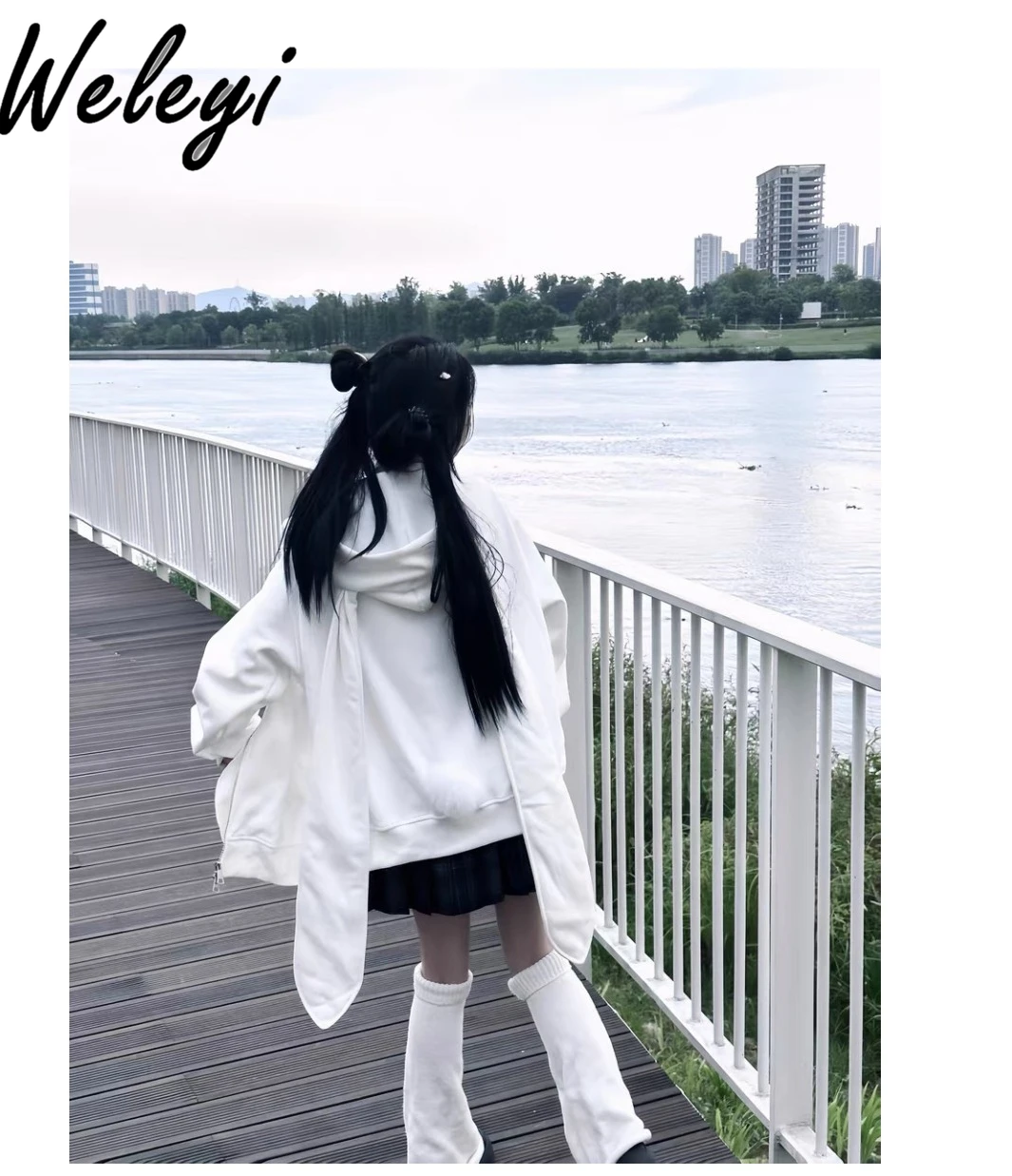 Y2K Cute White Fleece Rabbit Ears Hooded Hoodie Female 2024 Fall New Jirai Kei Style Yabi Loose Hot Girl Punk Long Sleeve Jacket