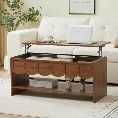 Lift Top Coffee Table with Hidden Compartment, 2 Tier Wooden Center Table with Wave Panel, Modern Lift Tabletop for