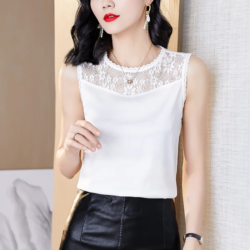 

Fashion Lace Suspender Vest Women's Sleeveless T-shirt Satin Shirt Loose Tops Blouse Formal Party