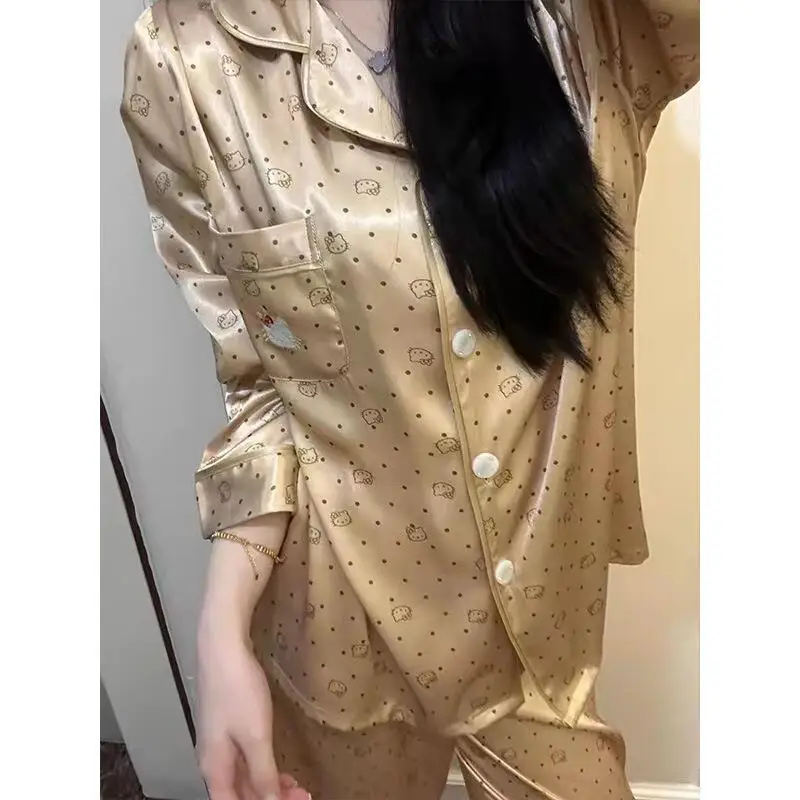 

Sanrio 2025 новые пижамы из ледяного шелка для девочек, летние шорты с короткими рукавами, тонкая модель, милый комплект домашней одежды с леопардовым принтом, подарки