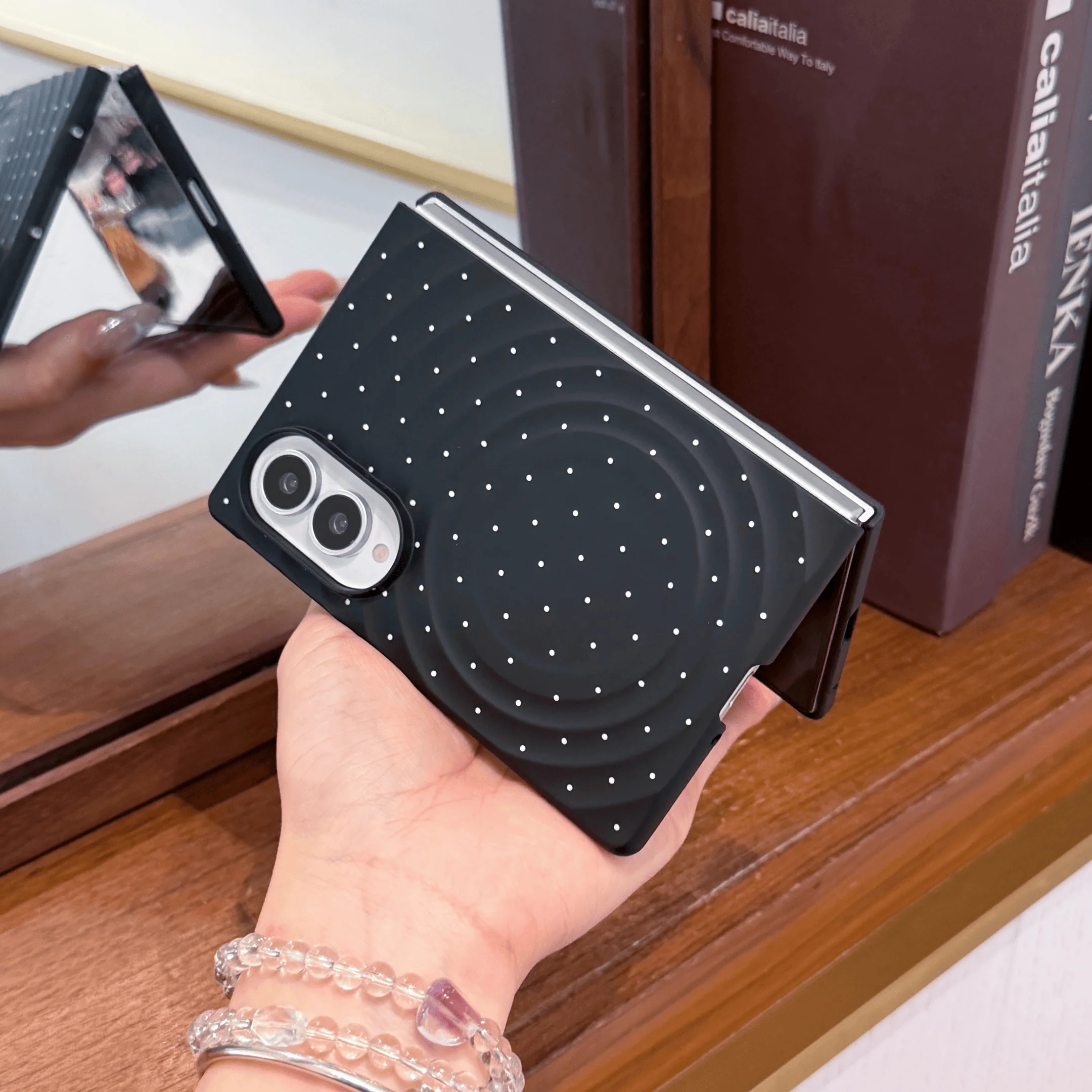For Samsung Galaxy Z Fold 8 Fashion Black Wave Surface White Polka Dot Hard Phone Case With Heart Stand Black White Beaded Strap