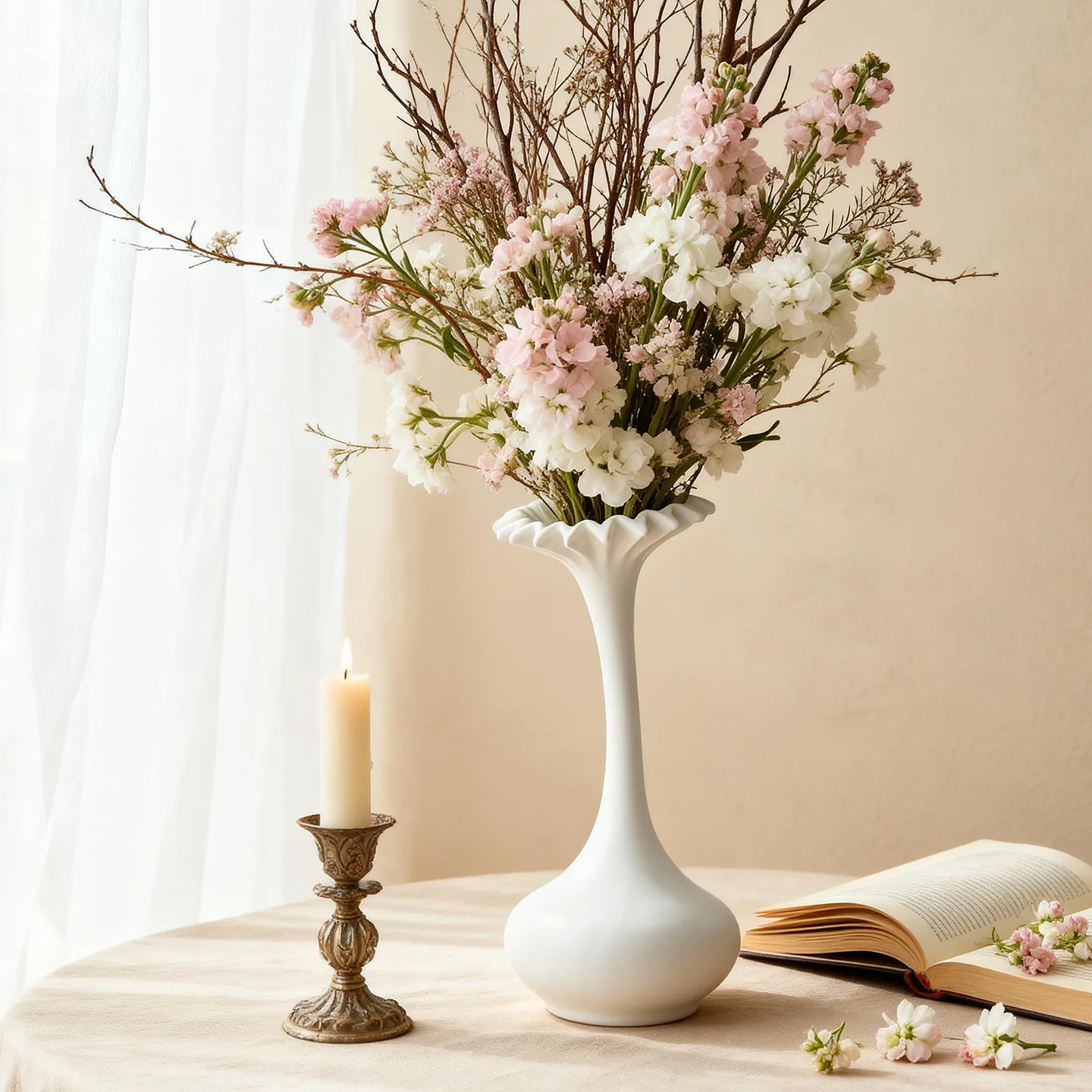 CAPIRON Elegant Ceramic Vase Modern Minimalist Flower Pot Petal Top Decorative Bud Vase for Living Room Office Centerpiece White
