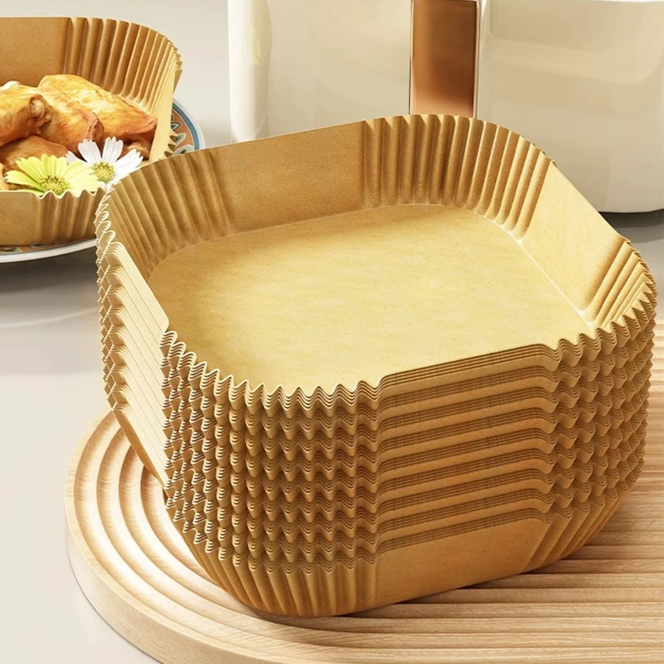 100 Stück quadratische Einweg-Luftfritteuse-Einlagen, Küchen-Lebensmittelablage, Ölpapier, Party-Bbq-Papierablage für frittierte Lebensmittel, Backwerkzeuge