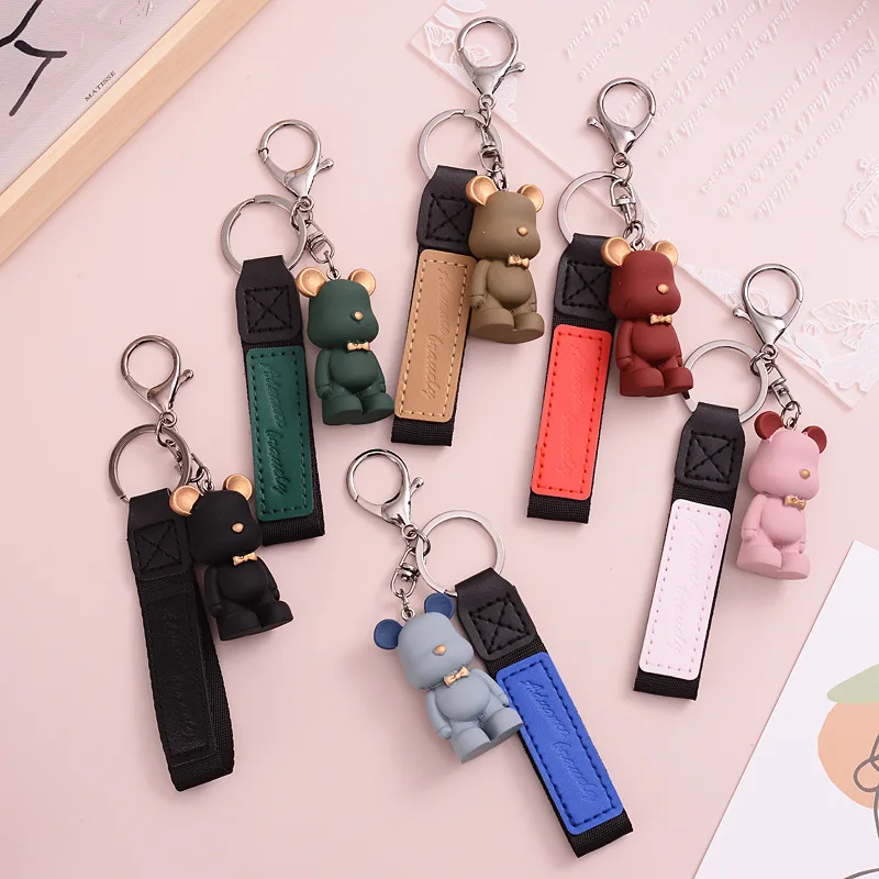 Trendy schattige PVC vlinderdas beer sleutelhanger Kawai cartoon dier sleutelhanger schattige tas hanger sleutelhouder auto sleutelhanger cadeau