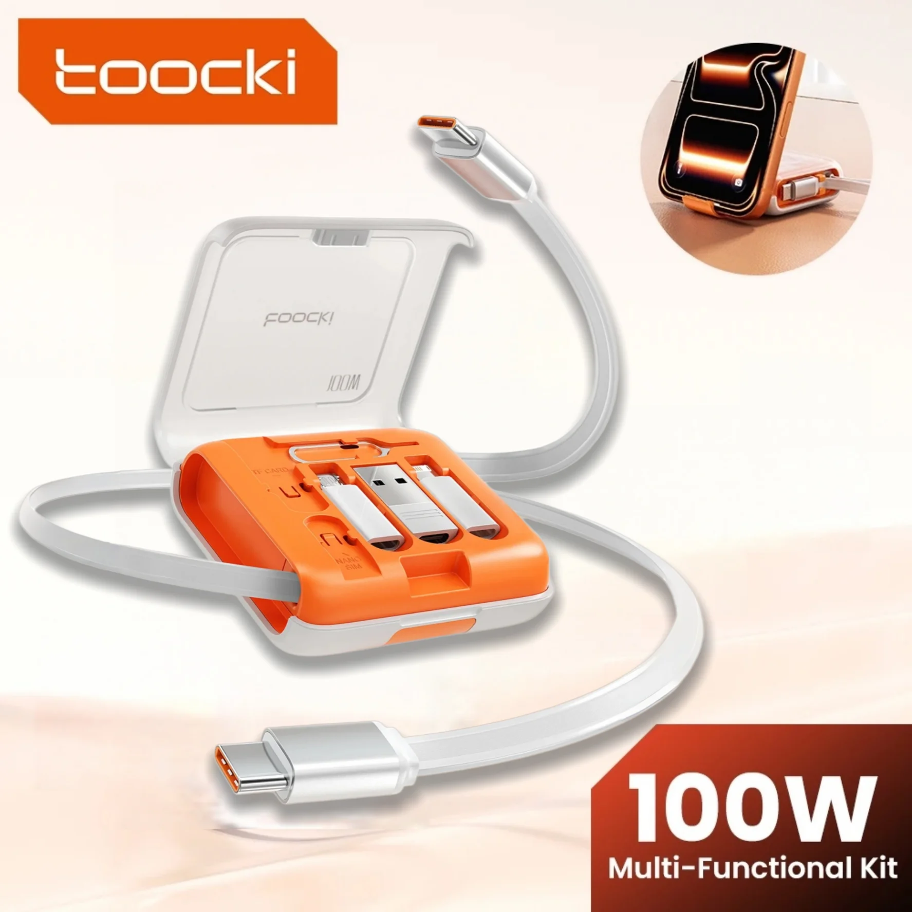 Toocki PD100W Retractable Fast Charging Cable Set With Hidden Phone Stand & Multi-Adapter For For iPhone 16 Samsung S23 Xiaomi