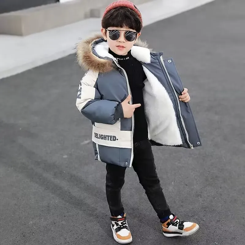 Boys Plus Velvet Jackets Winter Padded Thick Warm Cotton Clothes Kids Parka Hooded Snowsuit Coats 4-12 Years