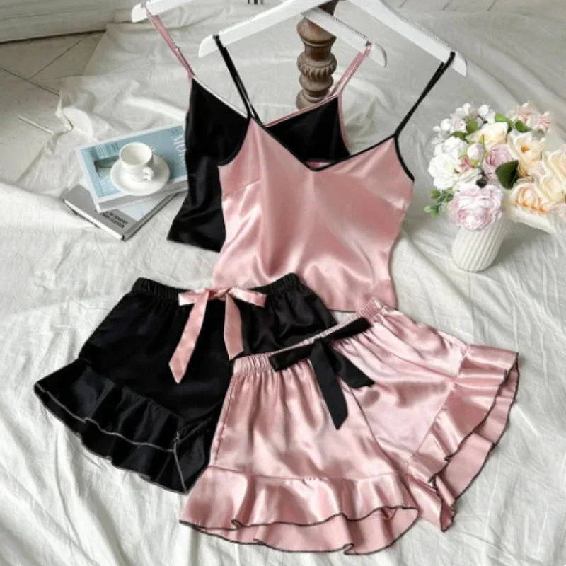 

Women's Pajamas Set Elegant Satin V-Neck T-Shirt Ruffled Edges Tops&Shorts Simple and Breathable Pajama Sets Sling Home Clothing