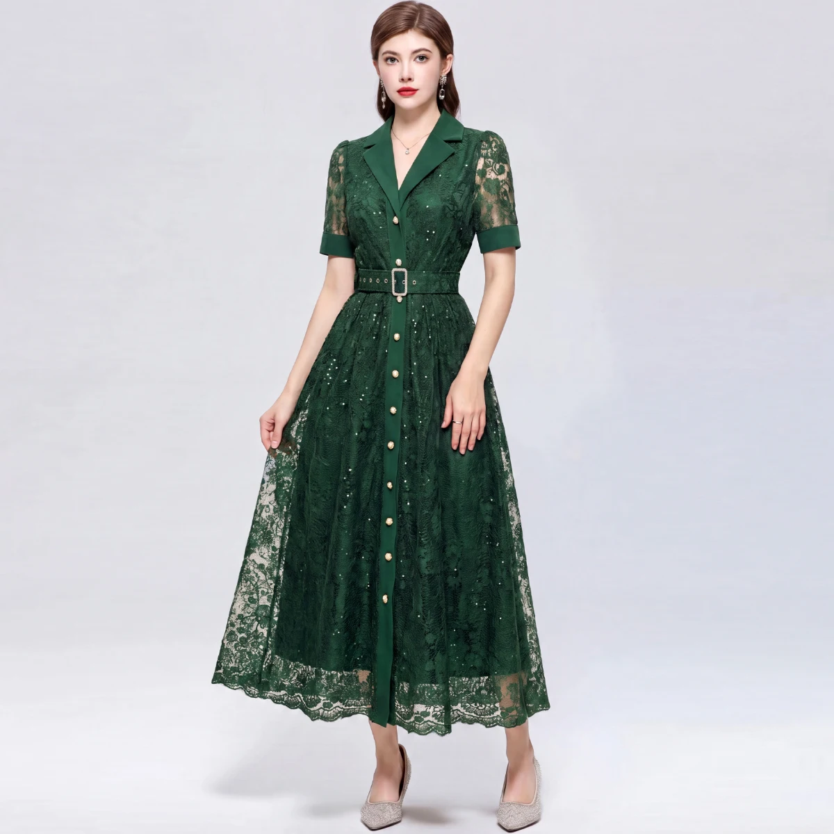 Luxury Sequin Lace Formal Dress Women Short Sleeve Notched Collar Buttons Front Slim Fit Cinch Waist Party Long Vestidos