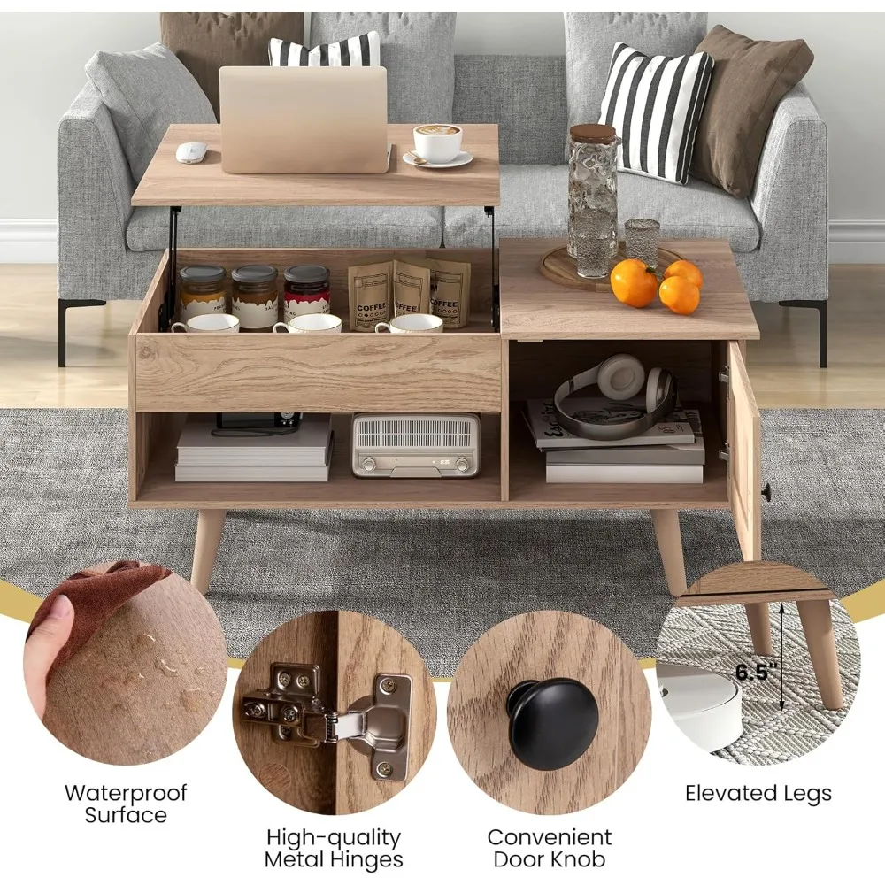 Lift Top Coffee Table,  with Hidden Compartment, Open Shelf & Cabinet, Wooden Flip Top Center Table, Pull up Coffee Table