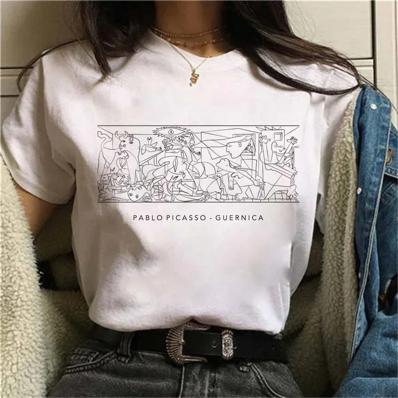 Harajuku Fun Black and White Drawing Van Gogh Printing Short-Sleeved T-shirt Large Size Loose O-neck Casual Female Shirt