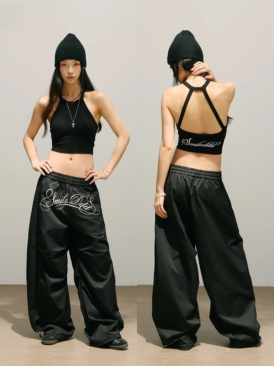 Smiledddd Bend Knife Work Pants Loose Wide Leg Trousers for Women Dance Streetwear Nylon Woven Fabric Natural Waist Elastic Hem